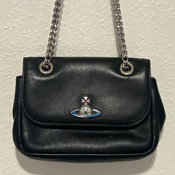 VIVIENNE WESTWOOD Mini Nano Flap Bag Black Leather Orb Detail Silver Chain Strap - Picture 1 of 14